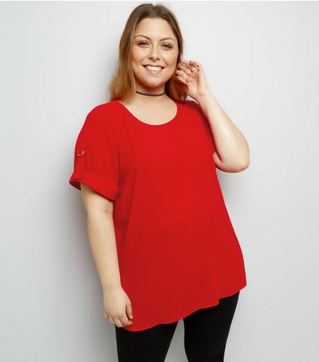 Curves Red D Ring Sleeve T-Shirt | New Look