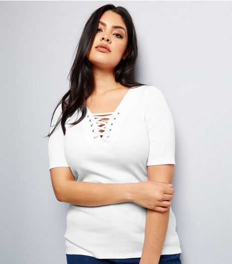 Curves White Eyelet Lace Up Ribbed Short Sleeve Top | New Look