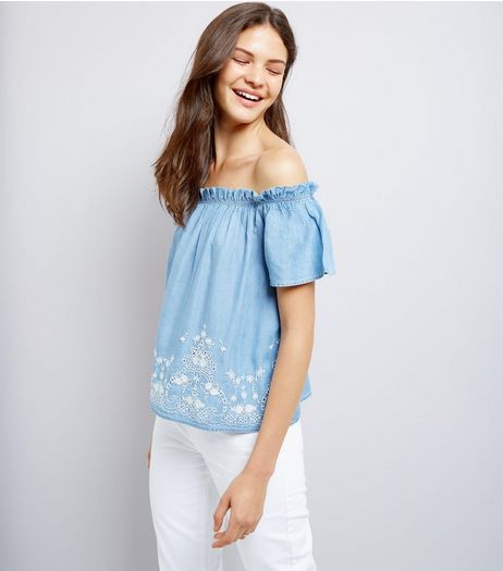 Blue Bardot Neck Broderie Hem Denim Top | New Look