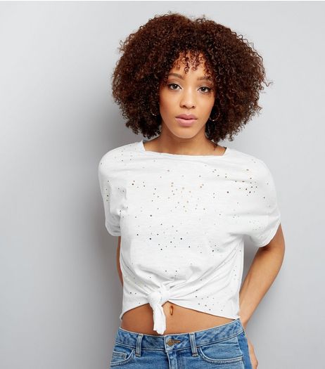 White Ripped Tie Hem T-Shirt | New Look