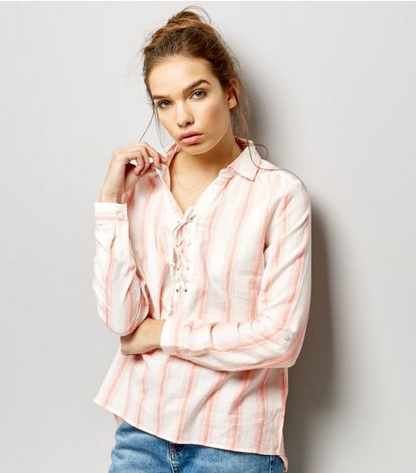 Apricot White Stripe Eyelet Trim Lace Up Top | New Look