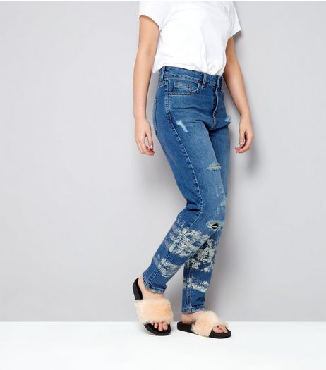 Teens Blue Ripped Metallic Print Hem Mom Jeans | New Look