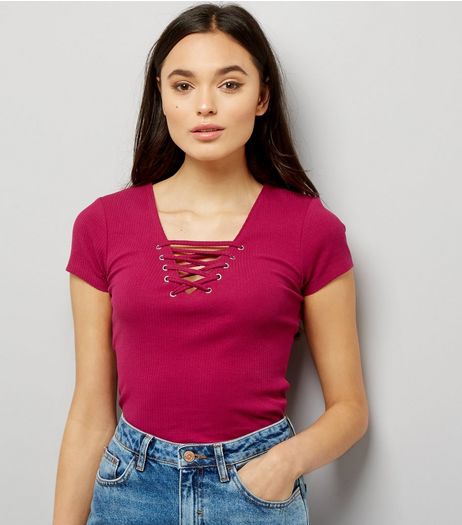 Bright Pink Lace Up Front Ribbed T-Shirt | New Look