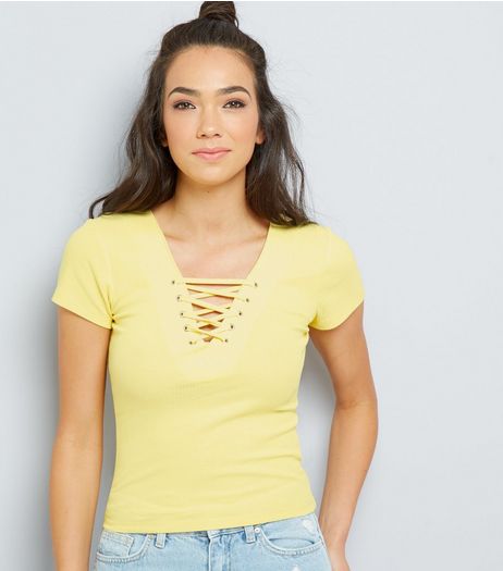 Yellow Lattice Front Short Sleeve T-Shirt | New Look