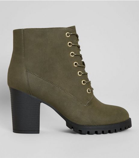 Wide Fit Khaki Lace Up Heeled Biker Boots | New Look