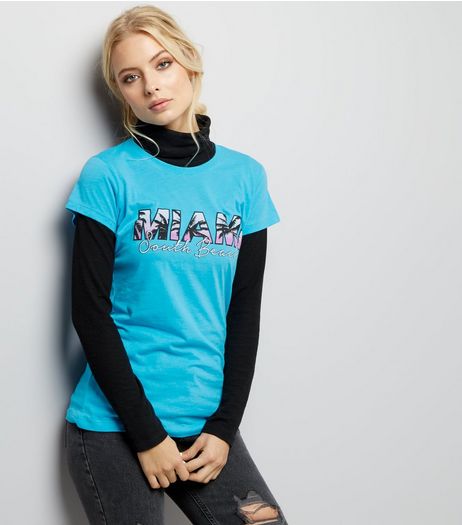 Turquoise Miami Print T-Shirt | New Look
