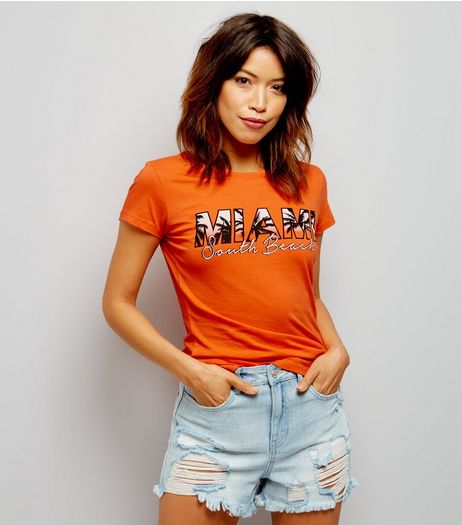 Orange Miami Print T-Shirt | New Look