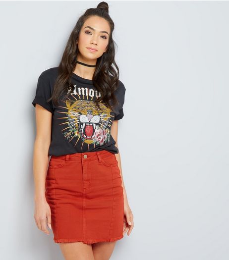 Red Denim Frayed Hem Skirt | New Look