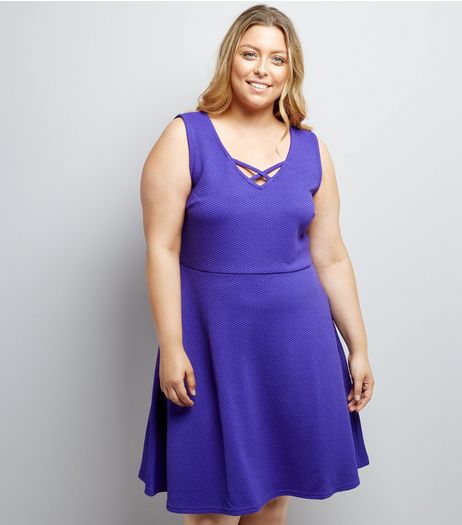 Curves Purple Lattice Front Jacquard Skater Dress | New Look