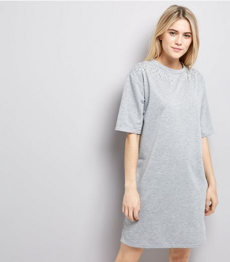 Grey Pearl Studded T-Shirt Dress | New Look
