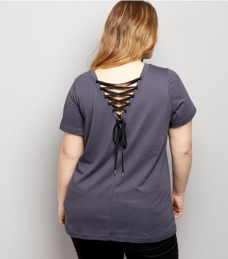 Curves Grey Lace Up Back T-Shirt | New Look