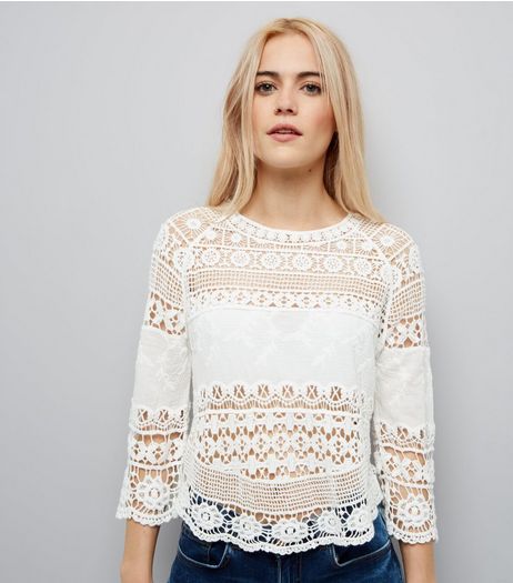 Cream Crochet 3/4 Sleeve Top | New Look