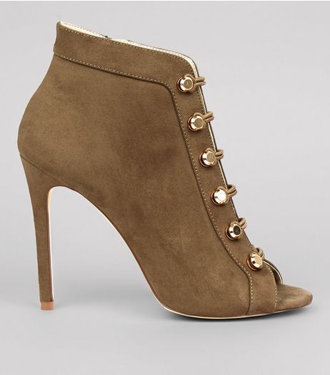 Khaki Suedette Military Peep Toe Heels | New Look