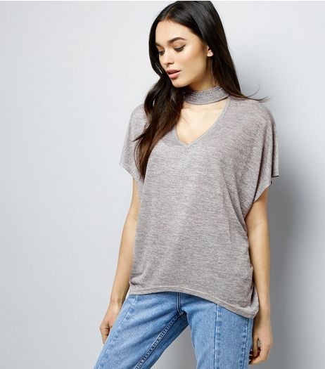 Blue Vanilla Grey Gem Studded Choker Neck T-Shirt | New Look
