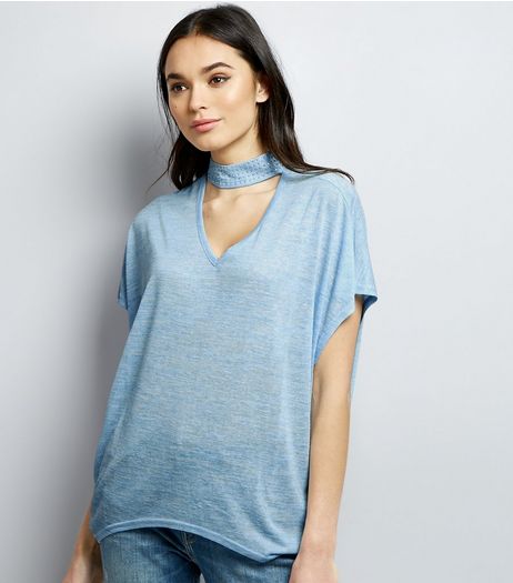 Blue Vanilla Blue Gem Studded Choker Neck T-Shirt | New Look