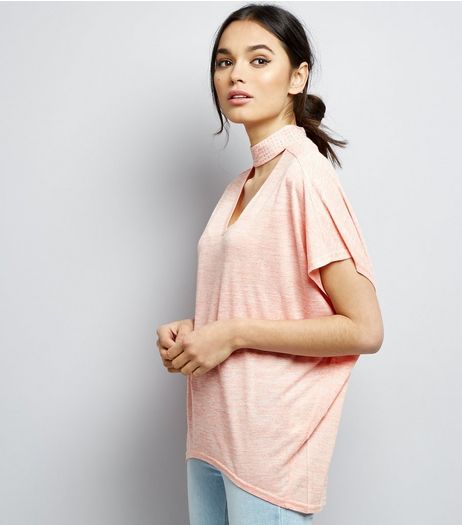 Blue Vanilla Coral Gem Studded Choker Neck T-Shirt | New Look