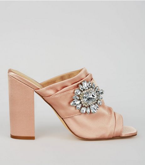 Pink Satin Chunky Crystal Embellished Block Heels | New Look