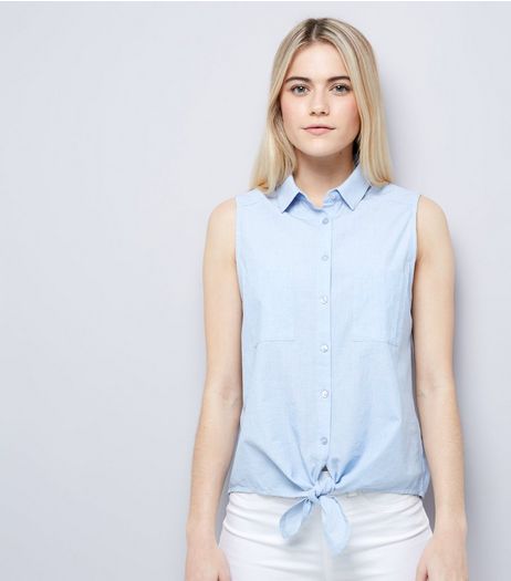 Blue Sleeveless Tie Front Shirt | New Look