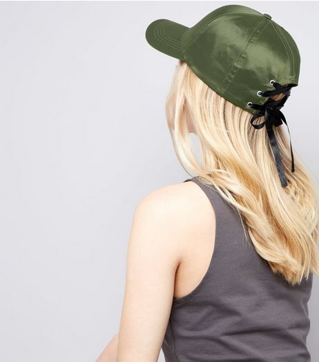 Khaki Satin Lace Up Eyelet Cap | New Look