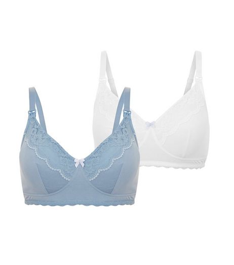 Maternity 2 Pack Pale Blue and White Lace Trim Bras | New Look