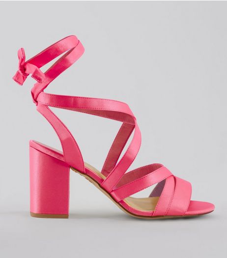 Wide Fit Pink Satin Ankle Tie Heels | New Look