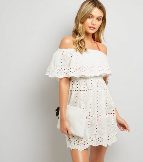 White Cut Out Detail Bardot Dress | New Look