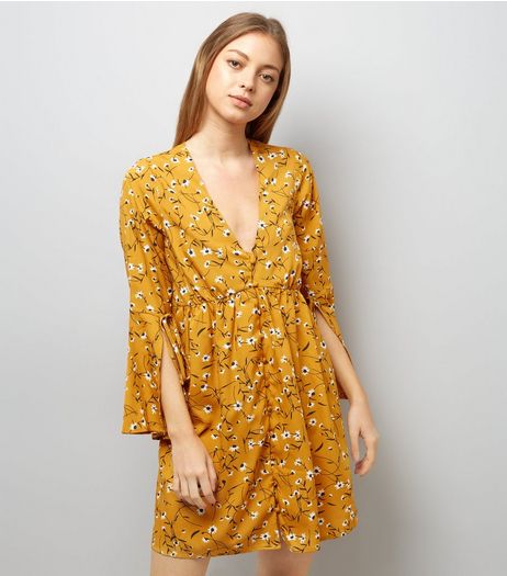 Influence Orange Floral Print Flared Sleeve Dress | New Look