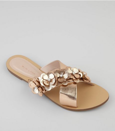 Rose Gold Flower Embellished Cross Strap Sandals | New Look