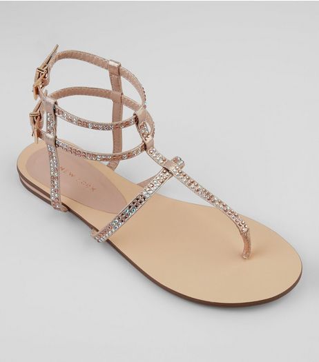 Rose Gold Diamante Stud Gladiater Sandals | New Look