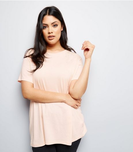 Curves Pink Pearl Shoulder T-Shirt | New Look