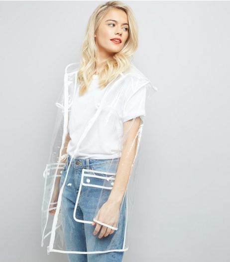 Parisian White Piped Trim Clear Rain Mac | New Look