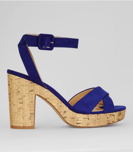 Blue Suedette Cross Strap Cork Sole Heels | New Look