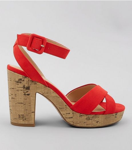 Red Suedette Cross Strap Cork Sole Heels | New Look
