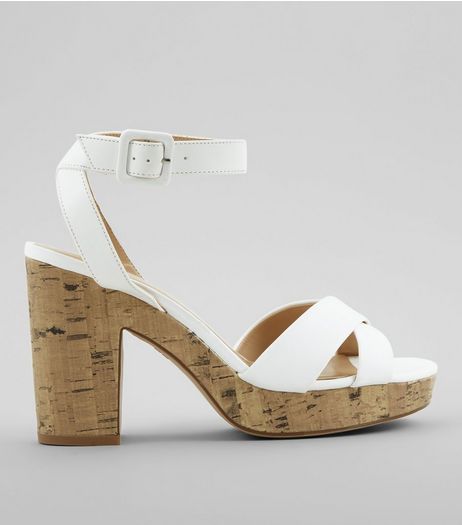 White Cross Strap Cork Block Heels | New Look