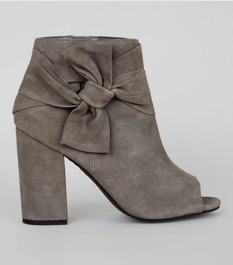 Grey Suede Bow Strap Peep Toe Boots | New Look