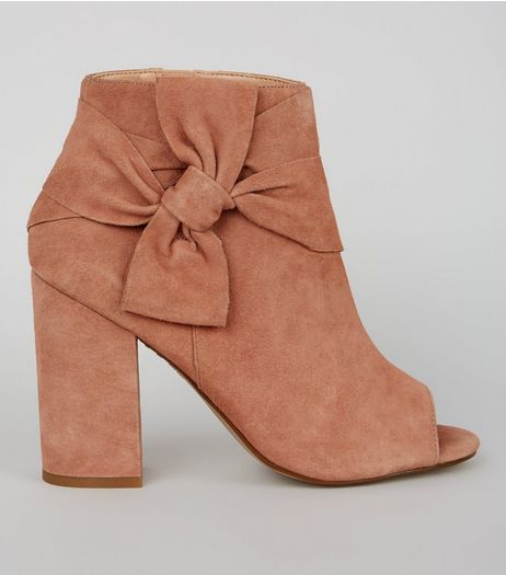 Nude Pink Suede Bow Strap Peep Toe Boots | New Look