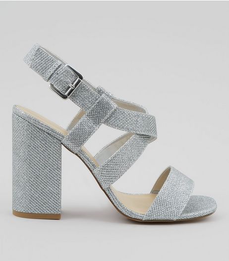 Silver Glitter Cross Strap Block Heels | New Look