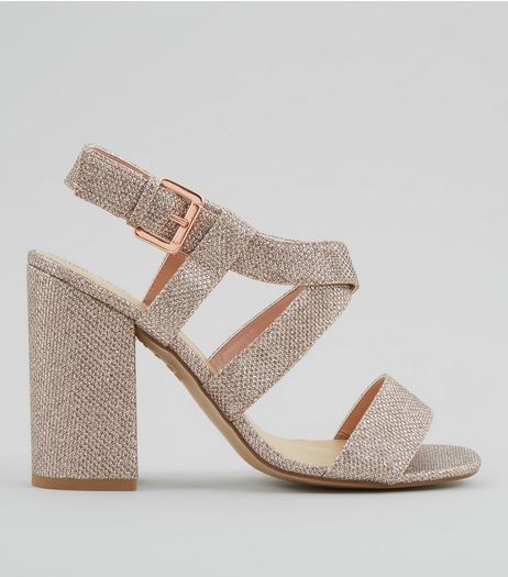 Rose Gold Glitter Cross Strap Block Heels | New Look