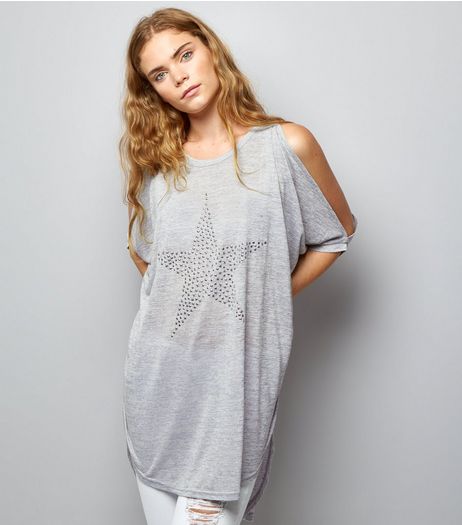 Blue Vanilla Grey Star Cold Shoulder Batwing Top | New Look
