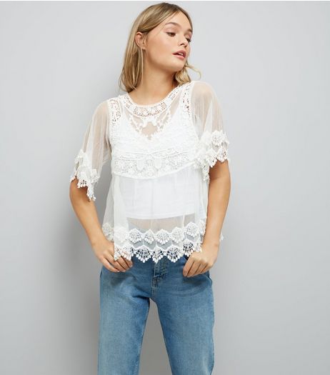 White Crochet Embroidered Mesh Top | New Look