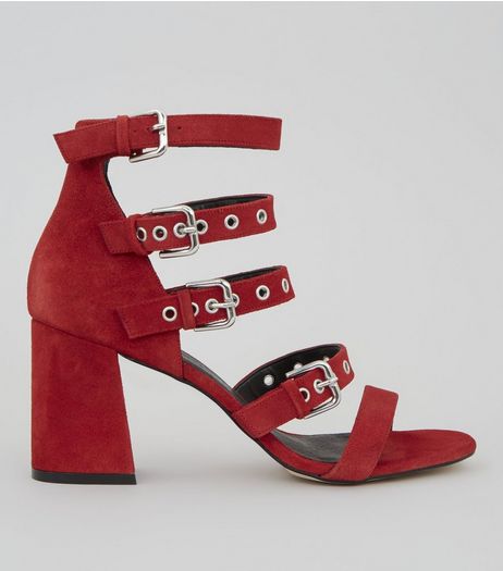 Black Suede Eyelet Buckle Strap Heeled Sandals | New Look