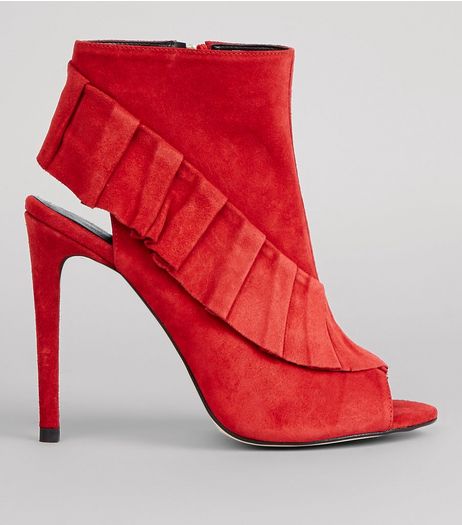 Red Suede Frill Trim Peep Toe Heels | New Look