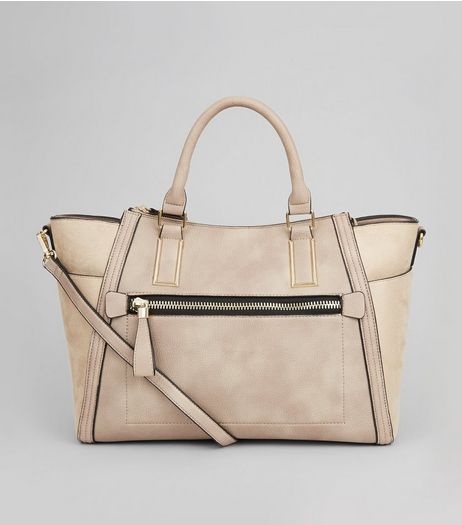 Stone Suedette Panel Tote | New Look