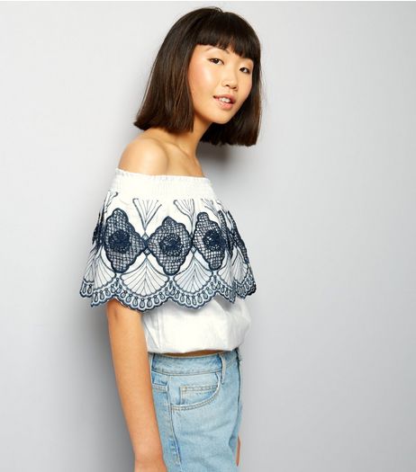 Cameo Rose White Embroidered Bardot Neck Top | New Look