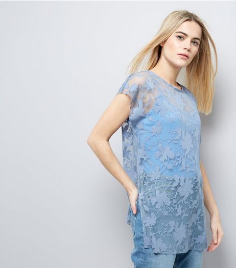 Blue Sheer Floral T-Shirt | New Look