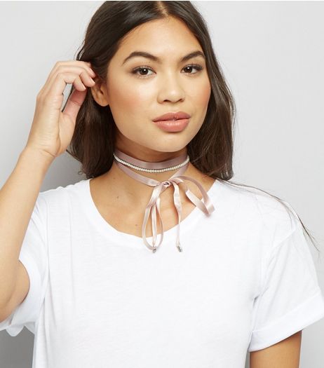 Shell Pink Pearl and Ribbon Choker | New Look