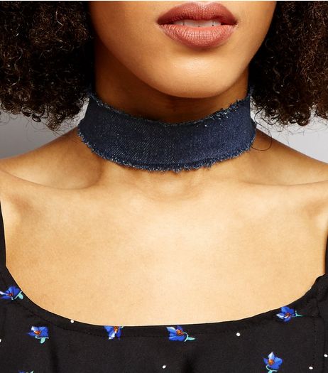 Navy Denim Frayed Edge Choker | New Look