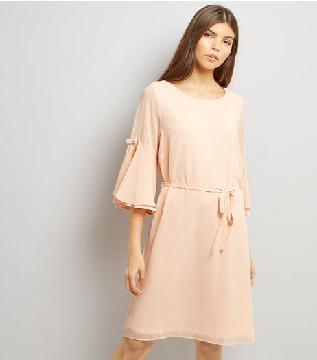 Shell Pink 3/4 Flared Sleeve Tie Waist Tunic Dress | New Look