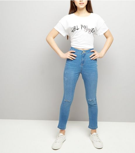 Teens Blue High Waist Ripped Knee Skinny Jeans | New Look