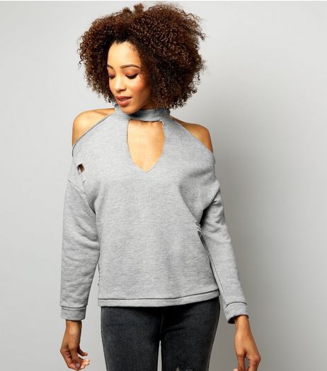 Innocence Grey Choker Neck Cold Shoulder Sweater | New Look